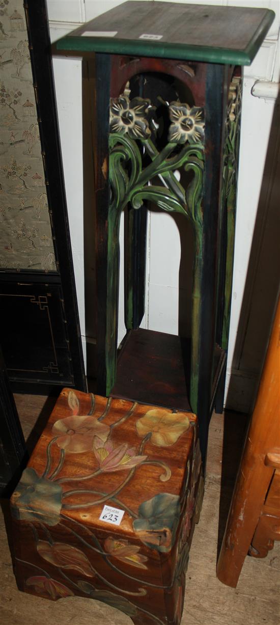 Indonesian painted wood jardiniere stand and a similar stool